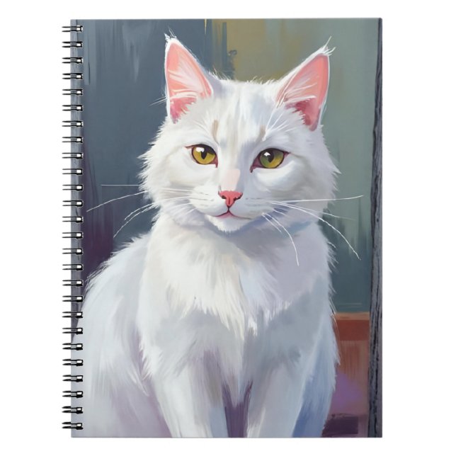 Caderno Espiral Gato Branco | Pintura de Gato de Estimação em Aqua (Frente)