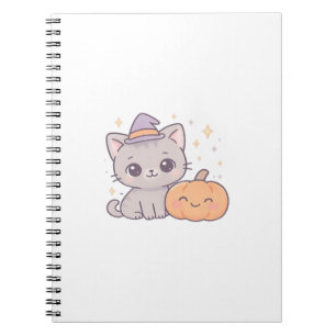Caderno Espiral Gato com Chapéu de Bruxa e Abóbora Sorridente Fofo
