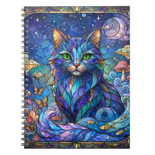 Caderno Espiral Gato Cósmico Vidro Pintado Surreal Olhos Azuis Ver