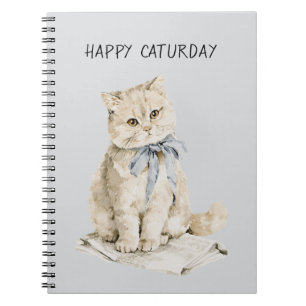 Caderno Espiral Gato Creme Laço Azul Caturday