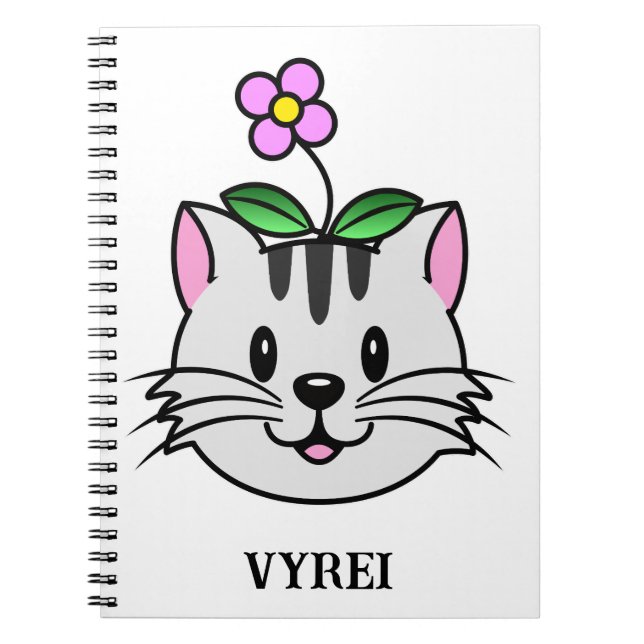 Caderno Espiral Gato de Cartoon Bonito com Flor na Cabeça (Frente)