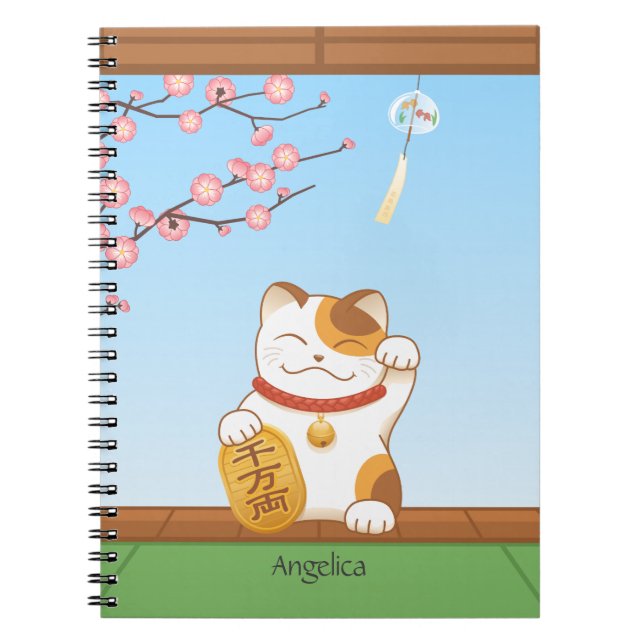 Caderno Espiral Gato de chita afortunado japonês, Maneki Neko (Frente)