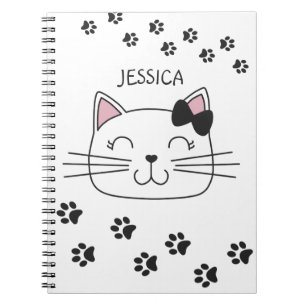 Caderno Espiral Gato de desenho animado com pegadas de patas com n