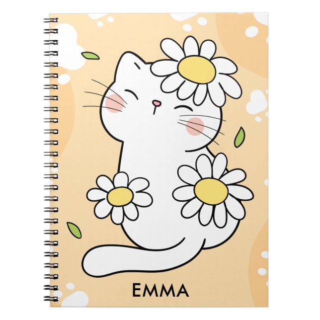 Caderno Espiral Gato de desenho animado Daisy fofo personalizado (Frente)