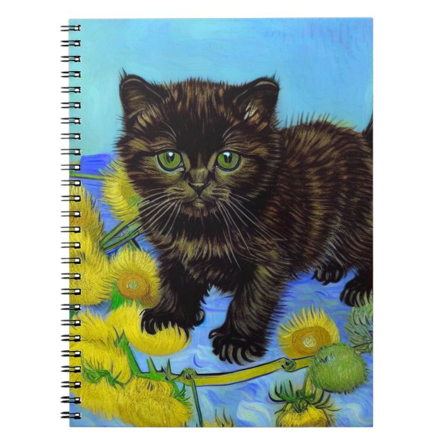 Caderno Espiral Gato de estilo Van Gogh com Sunflower (Frente)