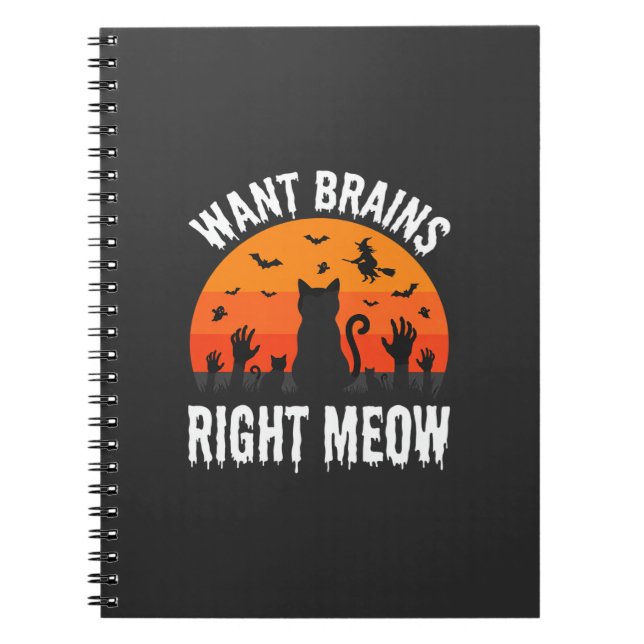 Caderno Espiral Gato de Halloween Quer Cérebros Agora Design (Frente)