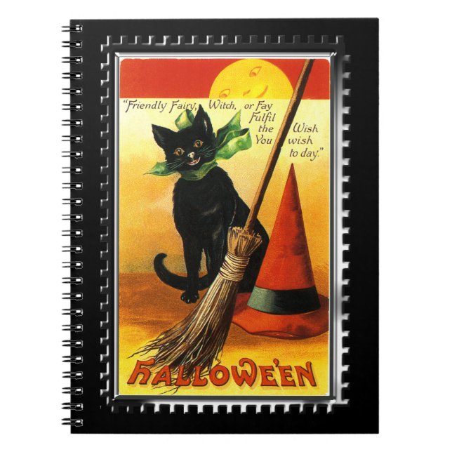 Caderno Espiral Gato de Halloween Sentado Chapéu de Bruxas (Frente)