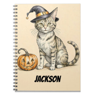 Caderno Espiral Gato de Halloween Whimsical. Bruxa de Gato Hallowe