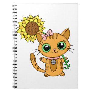 Caderno Espiral Gato de Kawaii, Laranja, bonito, com girassol