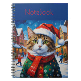 Caderno Espiral Gato de Natal Festivo com Chapéu de Papai Noel