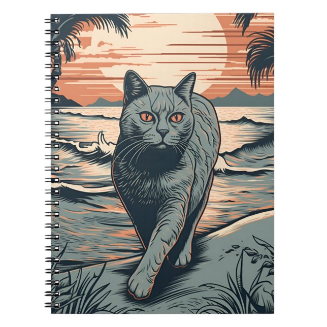 Caderno Espiral Gato de Shorthair britânico numa praia tropical (Frente)
