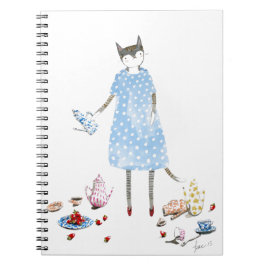 Caderno Espiral Gato do tea party em um vestido do caminhante de