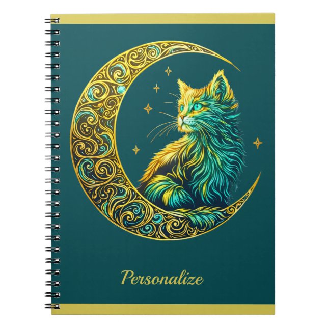 Caderno Espiral Gato Dourado Místico no Luar Celestial Verde  (Frente)