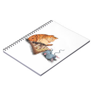 Caderno Espiral Gato e Rato Tocando Cartoon de Xadrez Engraçando 