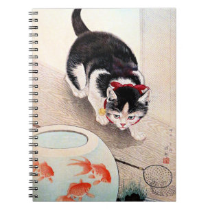 Caderno Espiral Gato e Tigela de Peixes Vermelhos