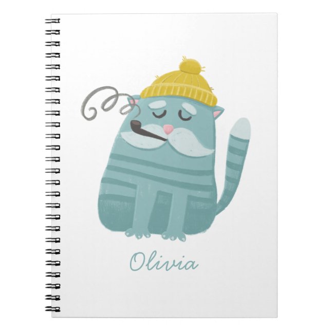 Caderno Espiral Gato engraçado. Animal de humor azul-inverno (Frente)