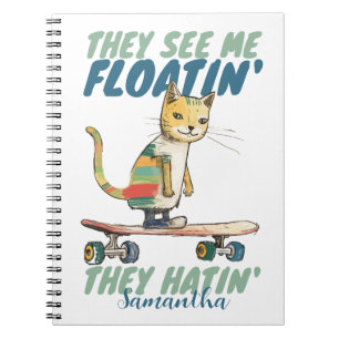 Caderno Espiral Gato engraçado skate eles odeiam presente para cri