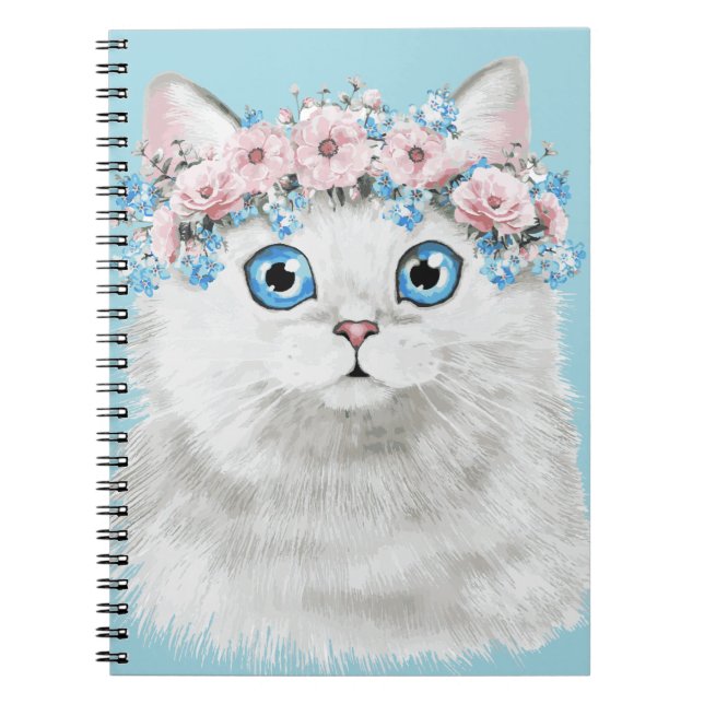 Caderno Espiral Gato floral branco doce (Frente)