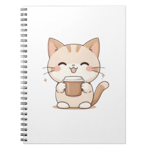 Caderno Espiral Gato Fofo Bebendo Café Design Kawaii