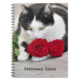 Caderno Espiral Gato fofo com a rosa vermelha