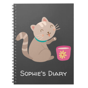Caderno Espiral Gato fofo com desenho de xícara de chá