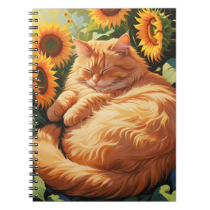 Caderno Espiral Gato Gordo Sonolento Laranja com Girassóis