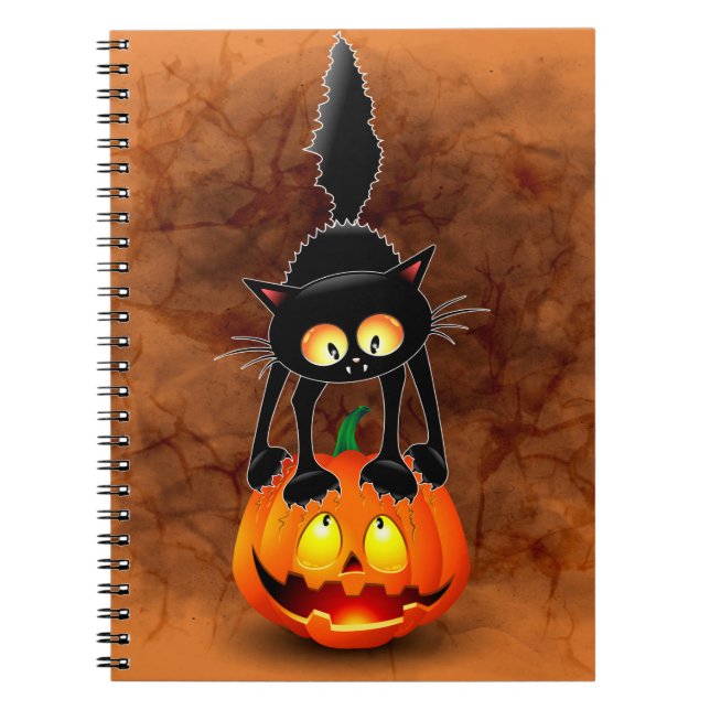 Caderno Espiral Gato Halloween Caricatura Assustada na Pumpkin (Frente)