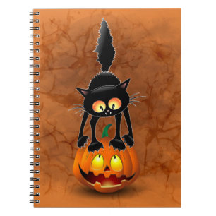 Caderno Espiral Gato Halloween Caricatura Assustada na Pumpkin