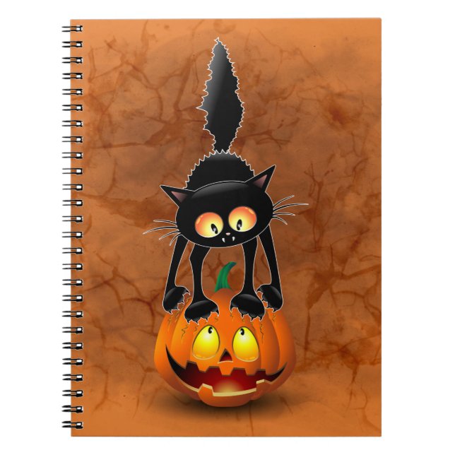 Caderno Espiral Gato Halloween Caricatura Assustada na Pumpkin (Frente)