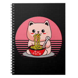 Caderno Espiral Gato Kawaii bonito comendo rêmen