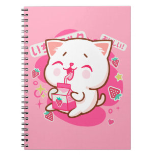 Caderno Espiral Gato Kawaii Gato Japonês Leite De Morango