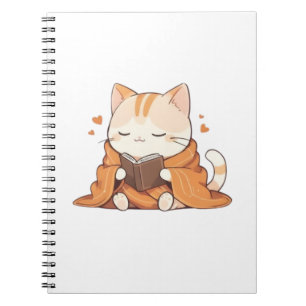Caderno Espiral Gato Leitor Aconchegante Kawaii Design de Gatinho