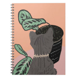 Caderno Espiral Gato Listrado Cinza Plantas  Tom e Meio    