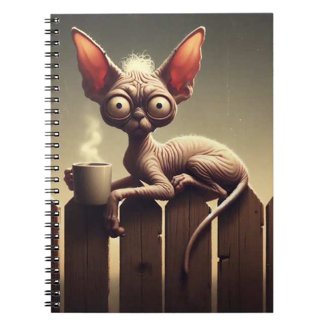 CADERNO ESPIRAL GATO LOUCO COM CAFÉ NA FENÇA (Frente)