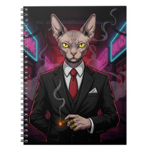 Caderno Espiral Gato Mafia Sphynx em Estilo Neon Noir