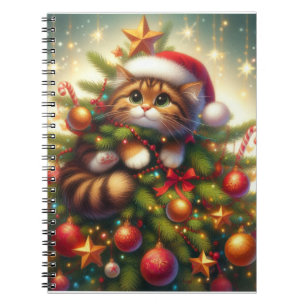 Caderno Espiral Gato malicioso e bonito na árvore de Natal