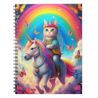 Caderno Espiral Gato Montando Unicórnio com Arco-íris e Borboletas