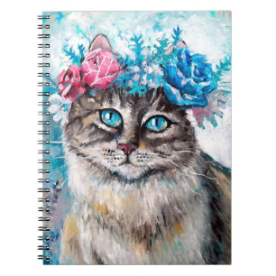Caderno Espiral Gato na pintura de óleo de coroa floral na canvas.