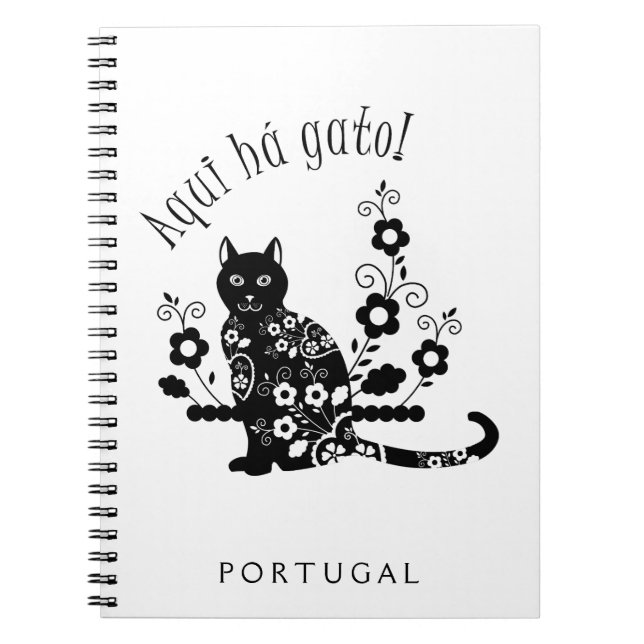 Caderno Espiral Gato negro com flores e expressão portuguesa (Frente)