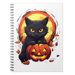 Caderno Espiral Gato Negro de Halloween bonito com abóbora