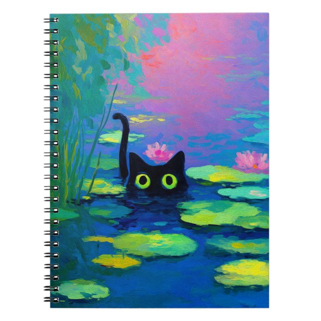 Caderno Espiral Gato Negro Engraçado Nadando Pond | Quirky Art (Frente)