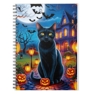 Caderno Espiral Gato Negro na Paisagem Halloween Encantada