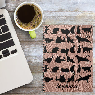 Caderno Espiral Gato Negro Silhout Flutuando Rosa de colza Dourado