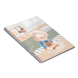 Caderno Espiral Gato no Chef Hat Rolling Dough na Kitchen