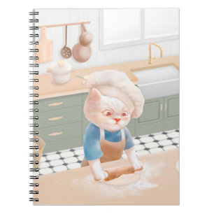 Caderno Espiral Gato no Chef Hat Rolling Dough na Kitchen