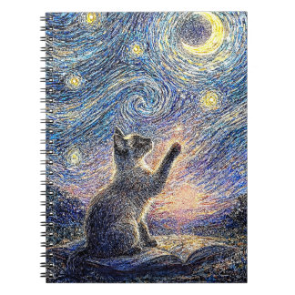 Caderno Espiral Gato Noite Estrelada – Arte ao Estilo Van Gogh