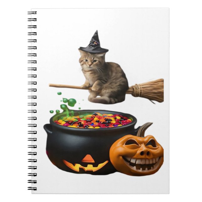 Caderno Espiral Gato numa vassoura no Halloween. T-Shirt Clássico (Frente)