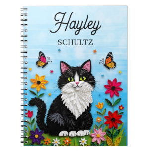 Caderno Espiral Gato Personalizado, Flores e Borboletas  
