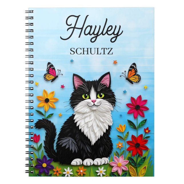 Caderno Espiral Gato Personalizado, Flores e Borboletas   (Frente)