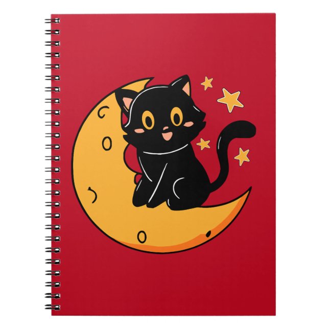Caderno Espiral Gato preto bonito sentado na lua (Frente)